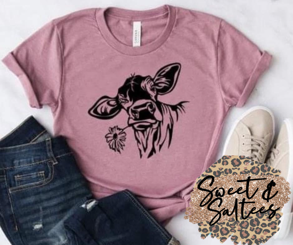 Cow with Flower Graphic T-shirt