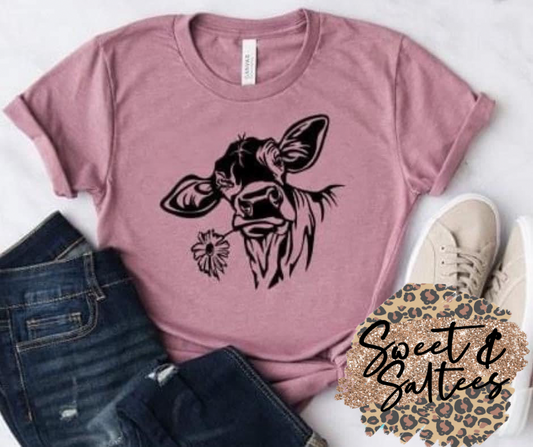 Cow with Flower Graphic T-shirt