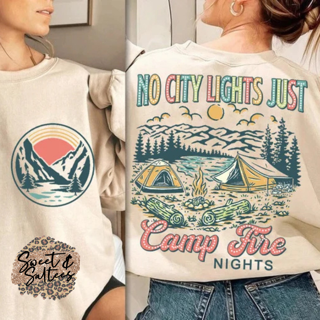 No city lights just camp fire nights front/back t-shirt