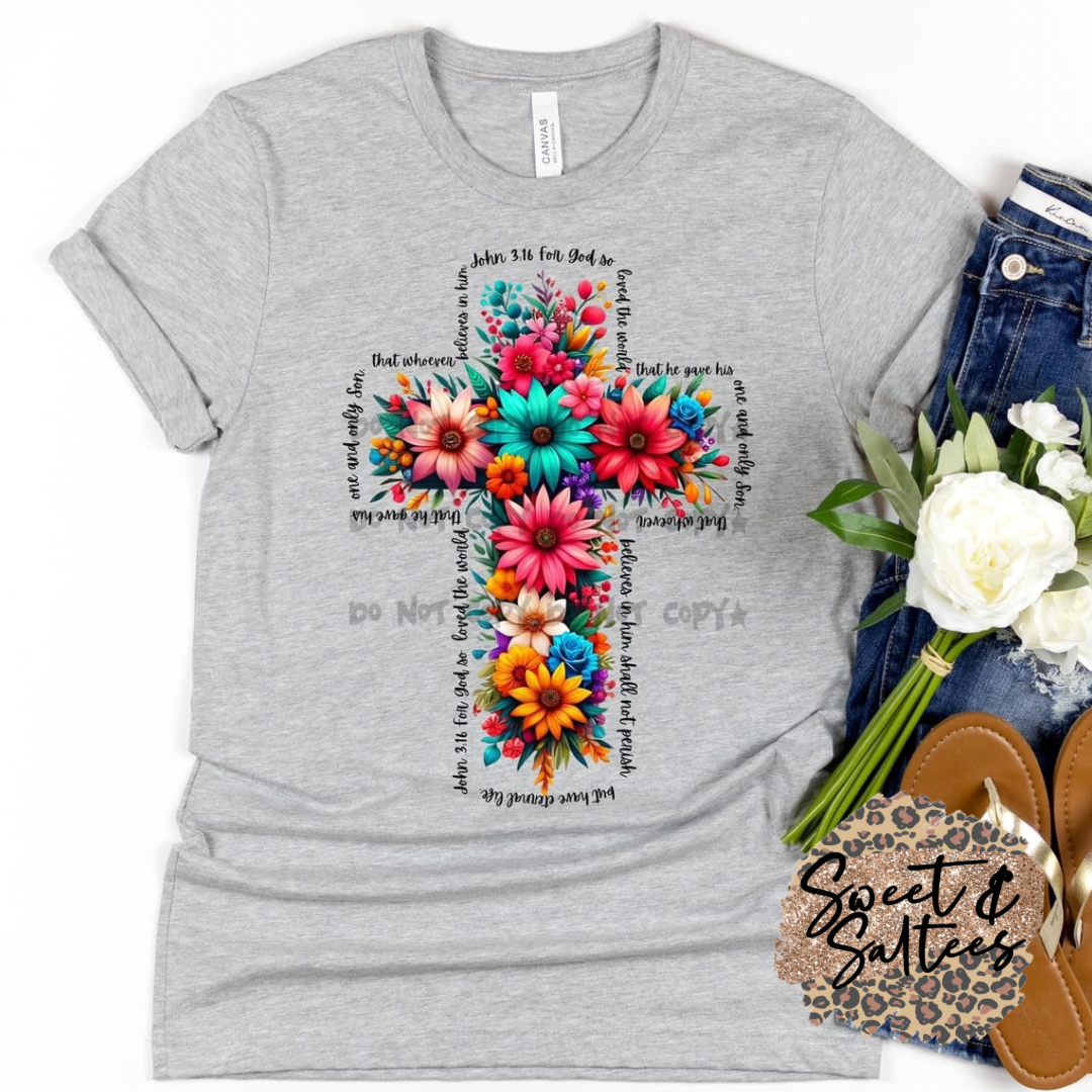 John 3:16 floral cross t-shirt