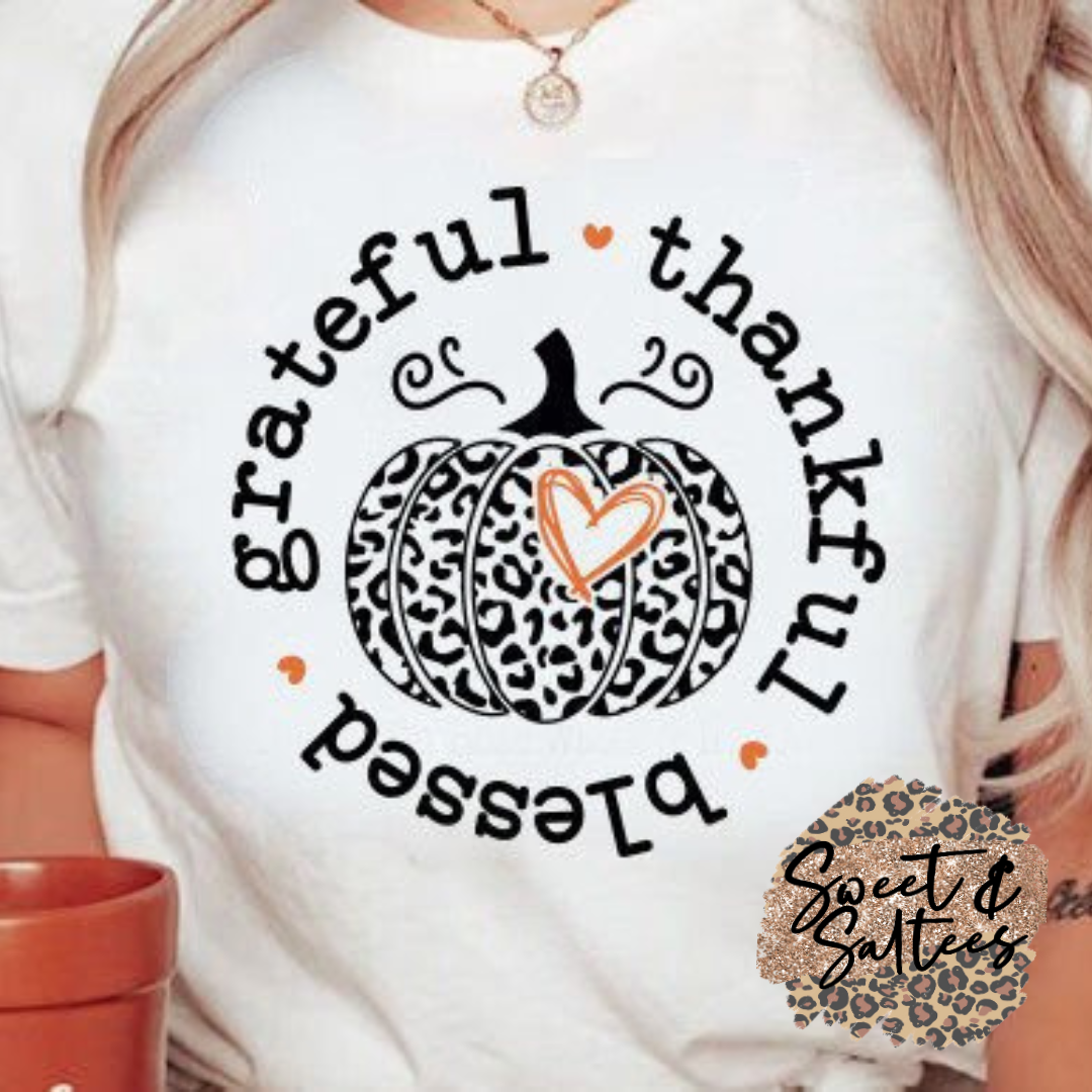 Grateful, thankful, blessed leopard pumpkin t-shirt