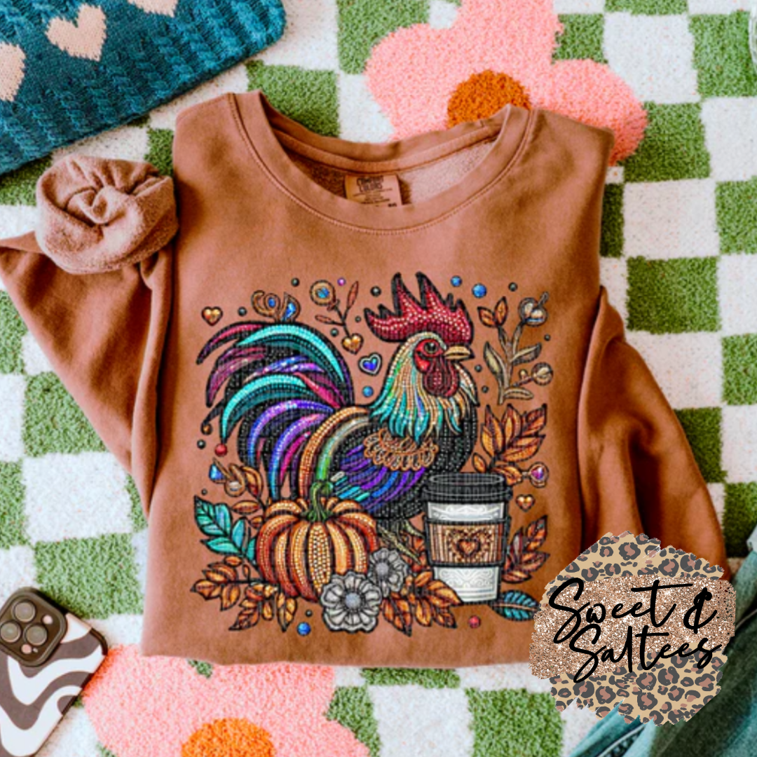 Fall chicken faux embroidery t-shirt