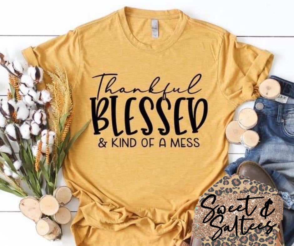 Thankful, blessed, and kind of a mess graphic T-shirt