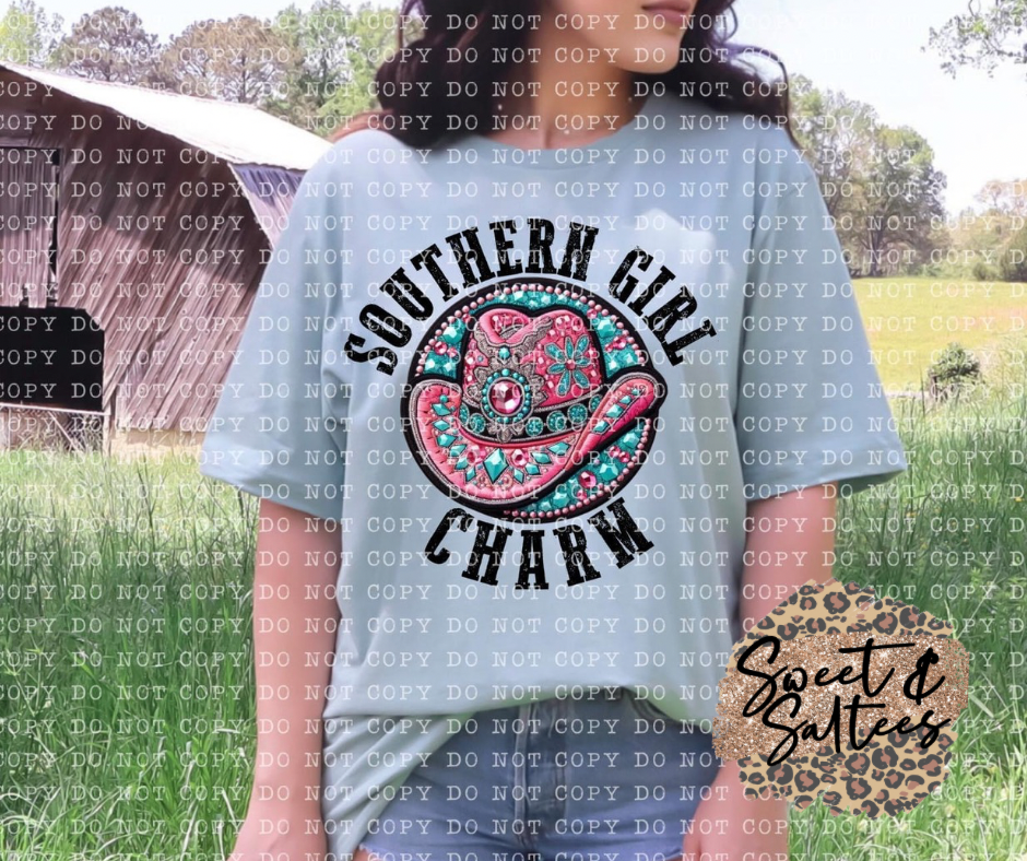 Southern girl charm faux jewel hat t-shirt