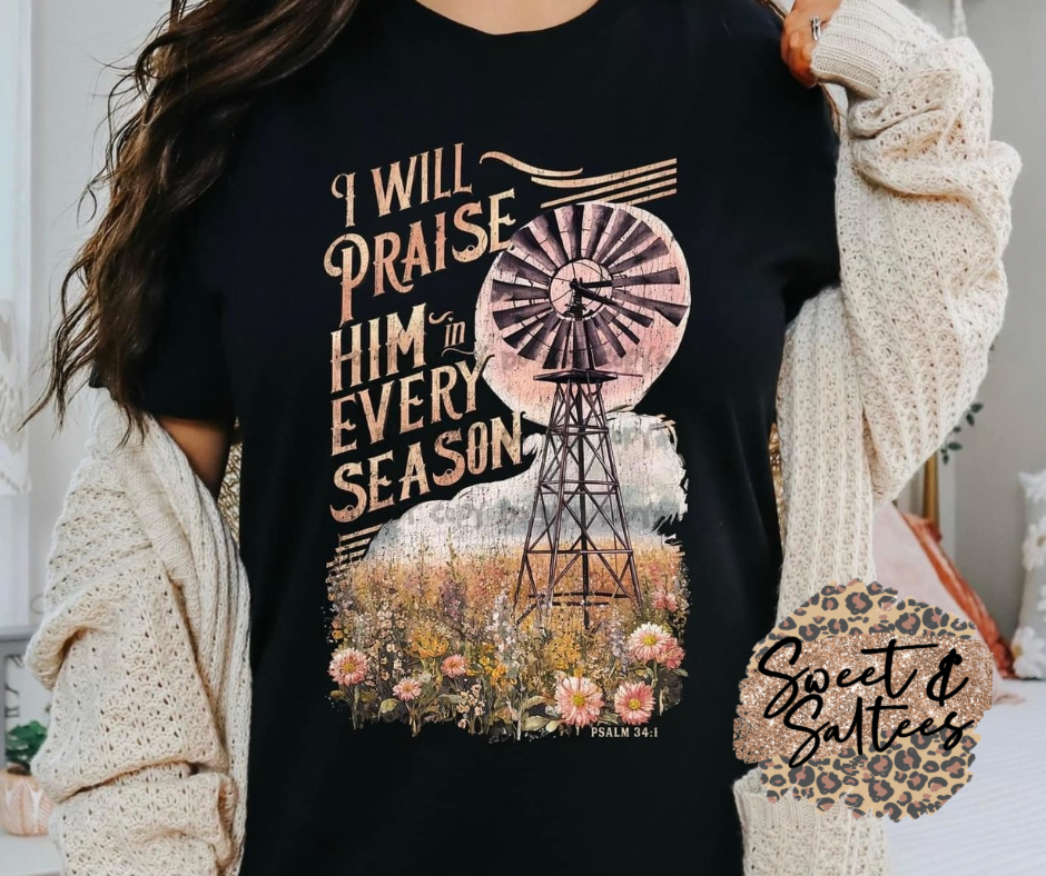 I will praise Him in every season graphic t-shirt