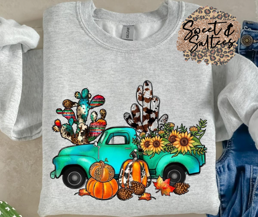 Fall western teal truck t-shirt