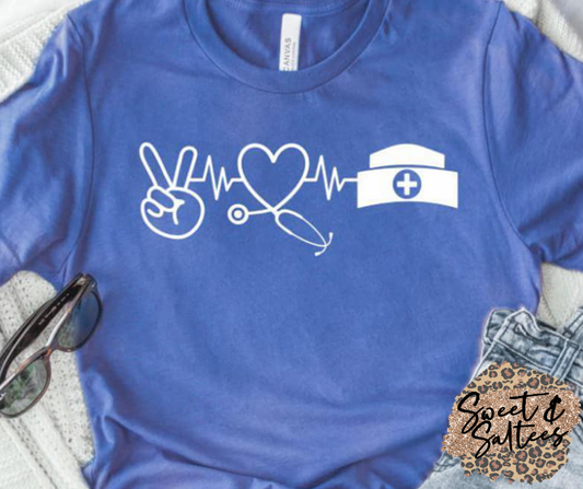 Peace, Love, Nurse(Hat) Graphic T-shirt