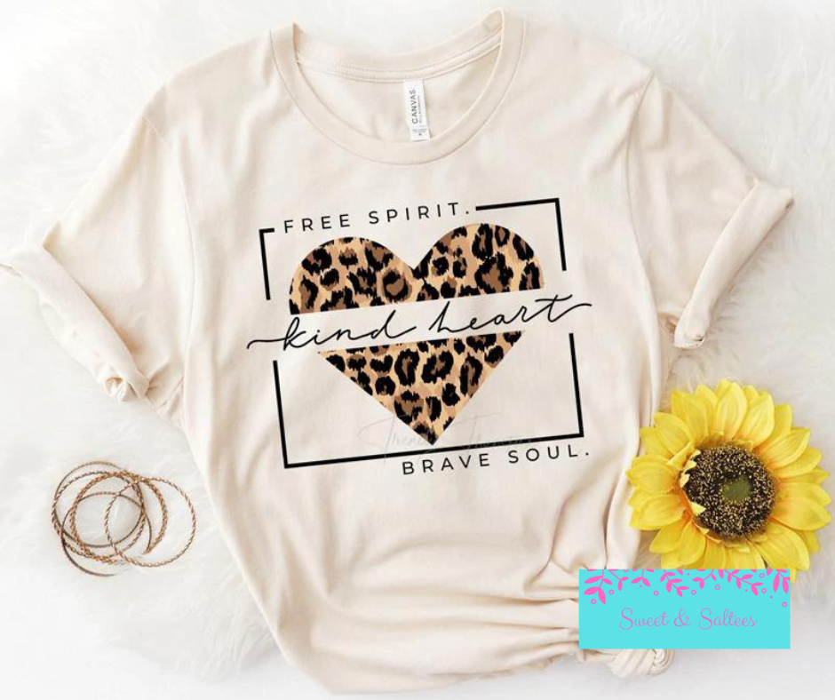 Free spirit, kind heart, brave soul leopard heart graphic T-shirt