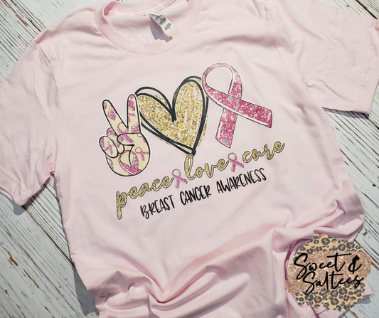 Peace love cure hot pink print breast cancer awareness graphic T-shirt